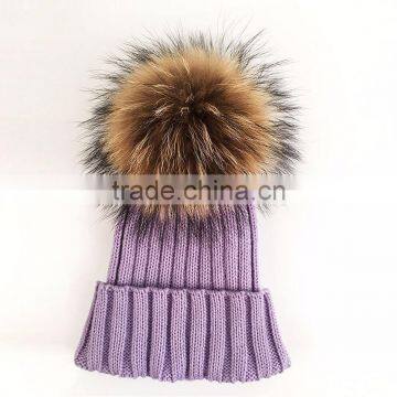 Myfur Cute Lavender Real Raccoon Fur Ball Flip Up Brim Hat