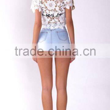 100% Polyester Short Sleeve Round Neck Crop Top,elegant Fashion Lace Top photo-4