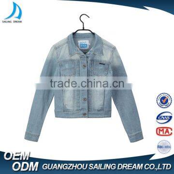 Guangzhou apparel factory hot sale color fade proof women jeans denim jacket