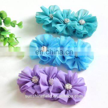 Triple Chiffon Flowers Matching Spark Rhinestone Buttons in Center DIY Accessory