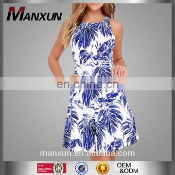 Blue Lady Sundresses with Beautiful Leaves Printing Design Sleeveless Short Dress