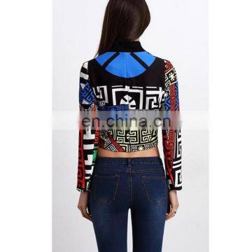 Multicolor Geometric Print Crop Led Cafe Racer Jacket photo-2
