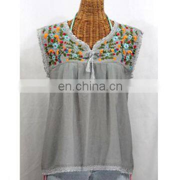 Grey 100 % Fabric Cotton Ladies fashion clothing Multi embroidery designs Stylish Maxican tunic tops