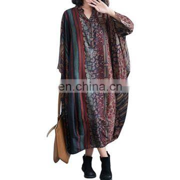 TWOTWINSTYLE Vintage Patchwork Print Dress For Women Irregular V Neck Batwing Sleeve Loose Oversized