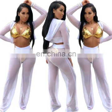 Mesh gauze trouserstransparent beach wear swimwear bathing suit hooded short jacket and wide leg pants summer 2 piece set women