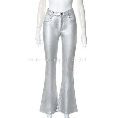 Women Metallic Silver Flare Pant Belted Wide Leg Low Rise Iridescent Flare Jeans photo-3