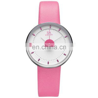 SHENGKE Lovely Lady Watch Unique Design Custom Logo Soft Leather Watch Japan Quartz Movt. Blue Pink Black Green Color Watches