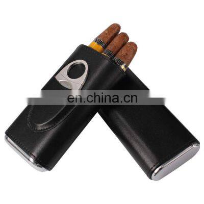 customized luxury display humidor portable holder genuine leather case with lighter cutter black leather travel cigar case