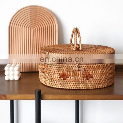 Hot Sale Rattan Round Baskets Box with Lid Set Of 3 Decorative Baskets for Shelves and Coffee Table Vietnam Supplier