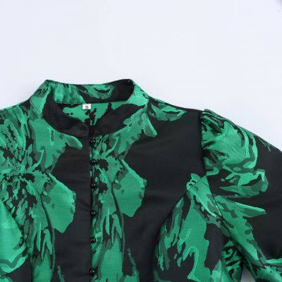 European and American Style Women's Jacquard Waist Cinched Single Breasted Bubble Sleeve Dress for Women photo-4