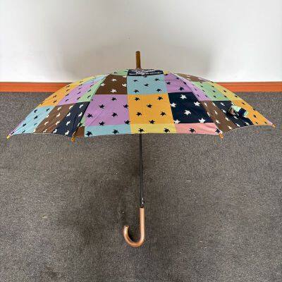 Wooden handle curved handle straight pole umbrella Cute small fresh long handle umbrella Full version printed sunny umbrella factory customization