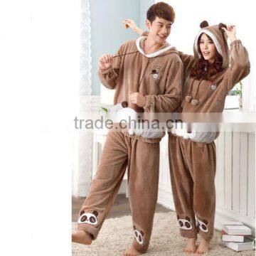 embroider panda print pajamas for couple wholesale warm sleepwear