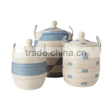 High quality best selling eco-friendly Set of 3 Handwoven seagrass basket with handles-blue & natural color from Vietnam