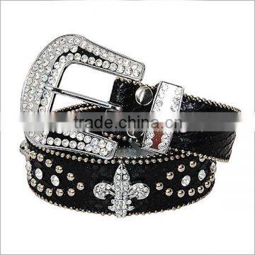 Rhinestone Fleur De Lis Accent Fashion Leather Belt