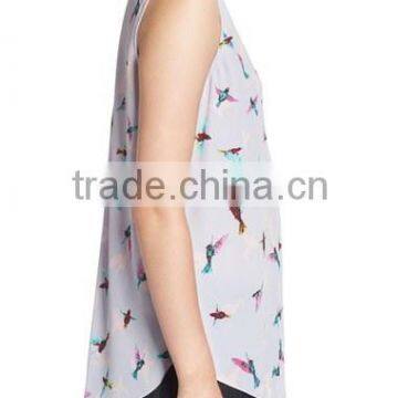 Women Print Pleat Back Split Neck Sexy Sleeveless Blouse Patterns photo-4