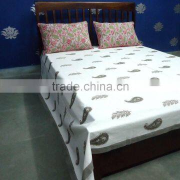 Paisley Print Cotton Bed Sheet Indian Hand Block Printed SKU 7044