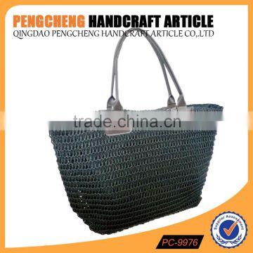 Black color paper straw material women tote crochet bag