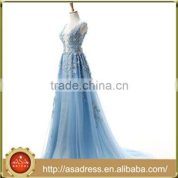 ASAE45 Blue Lace Appliqued See Through Evening Dress Tulle Real Photo Sexy Evening Gown                        
                                                Quality Choice