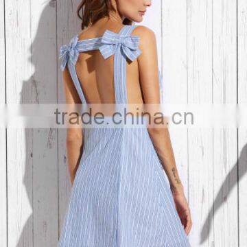 Dresses latest women girl design fashion photos Blue Stripe Bow Open Back Sleeveless A-line Dress