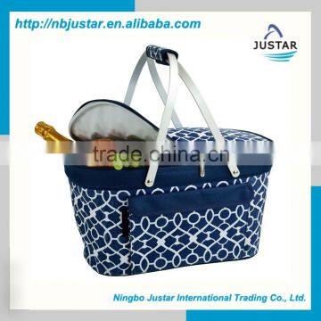 Durable Polyester Material Fully Folding Basket Type Collapsible Insulated Shopper Cooler Basket Tote