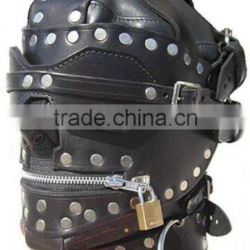 GENUINE LEATHER BONDAGE HOOD / MASK with LOCKING MOUTH & BLINDFOLD