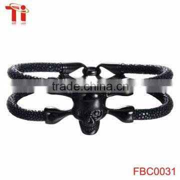 Genuine stingray leather bracelet stainless steel skull clasp for men, men's bracelet