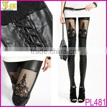 New Sexy Women Faux PU Leather Retro Gothic Punk Style Lace Black Leggings Tights Pants