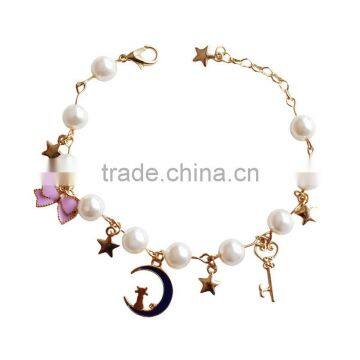 gold cat moon star enamel bowknot heart shape key charms bracelet pearl bead linked bracelet