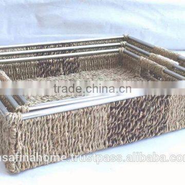 Set of 3 rectangle sea grass storage baskets with handles