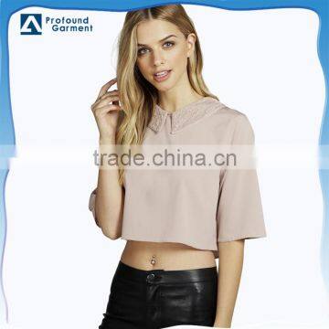 2015 Chiffon women no button down shirts/lace collar shirts pattern/half sleeve chiffon shirts pattern