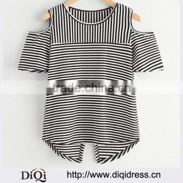 White And Black Striped Open Shoulder Overlap Back Ladies Casual T-Shirt