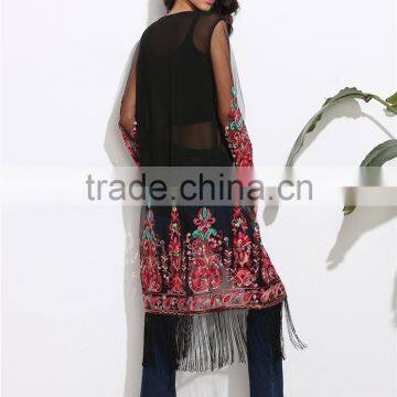 Women Long Sleeve Fashion Beachwear See Through Chiffon Long Fringe Mesh Kimono With Floral Print photo-2
