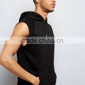Black Sleeveless Running Hoodie Single Pocket Front Soft Jersey Fabric Fashion Men Tops Custom Made