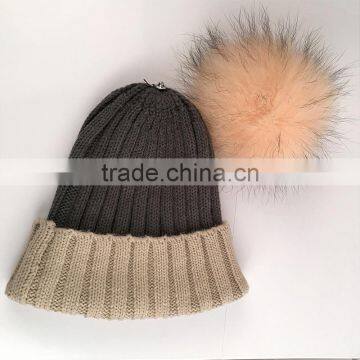Myfur Hot Sale Ladies Winter Raccoon Fur Ball Attached Knitting Beanie Hat