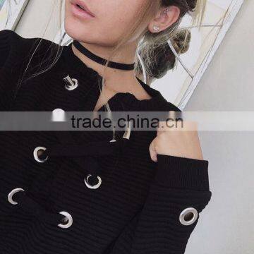 M1159 Runwaylover 2016 Latest Design Fashion Ladies Black Hole Cotton Cross Bandage Sweater photo-6