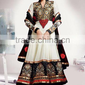 White Black embroidery heavy design border at bottom and at neck Anarkali Designer Semi Stitch Salwar Kameez