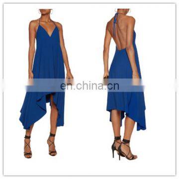 Fashion Blue Halter Evening Dresses With Asymmetric Hem sexy deep v neck sexy long dress