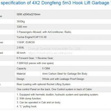 4X2 Dongfeng 5m3 Hook Lift Garbage Trucks
