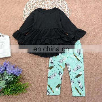 Baby Girl Clothing Outfits Solid Black Top And Leaf Printed Pant Ruffle Kids Girl Clothes Set