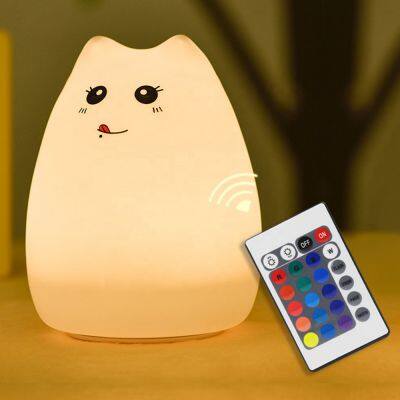 Cat LED Night Light Touch Sensor Remote Control 16 Colors Dimmable USB Rechargeable Cartoon Silicone Lamp for Children Kids Baby