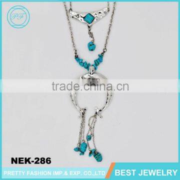 Bohemian Promotional Fancy Long Chain Silver Turquoise Necklace