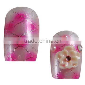 Artificial nails with shining printing and 3D flower decoration