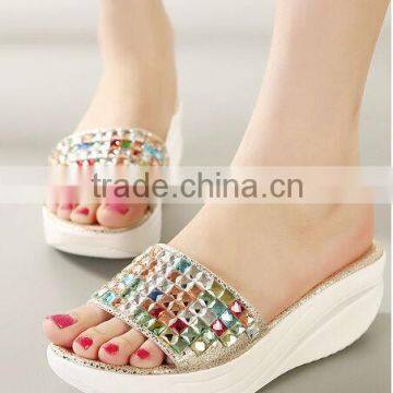Shiny crystal women fashion wedge heel shoes chunky heel shoe for girl