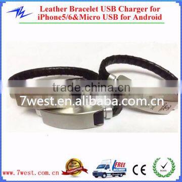 Braided Leather Bracelet USB Charging Cable Cord for iPhone5/5c/5s/6 and Micro USB cable for V8
