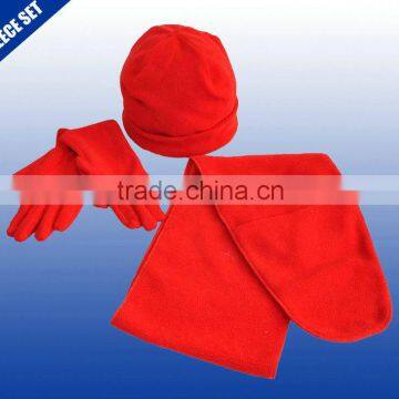 Red plain color knitted polyester fleece set scarf hat gloves