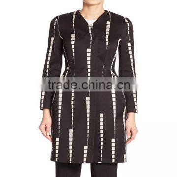 China Woman Wholesale Black Geometric Print Fitted Long Sleeve Coat