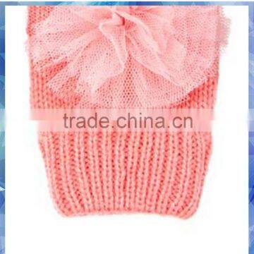 Pink Plain Knitted Cotton Hand Gloves Mitten With Flower