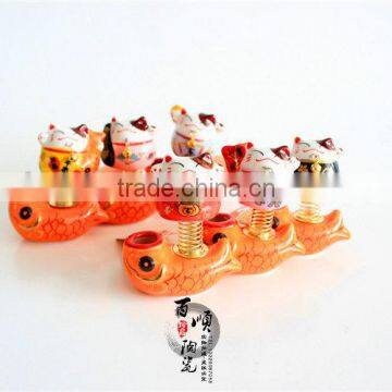 Golden Fish Base Ceramic Lucky Cat for Car Decoration Colors to Choose Fortune Cat photo-4