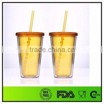 16 Ounce Double Wall Diamond Plastic Souvenir Mug With Straw