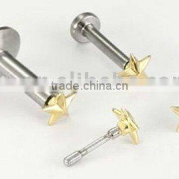 Stainless steel internally threaded star labret rings body piercing jewelry